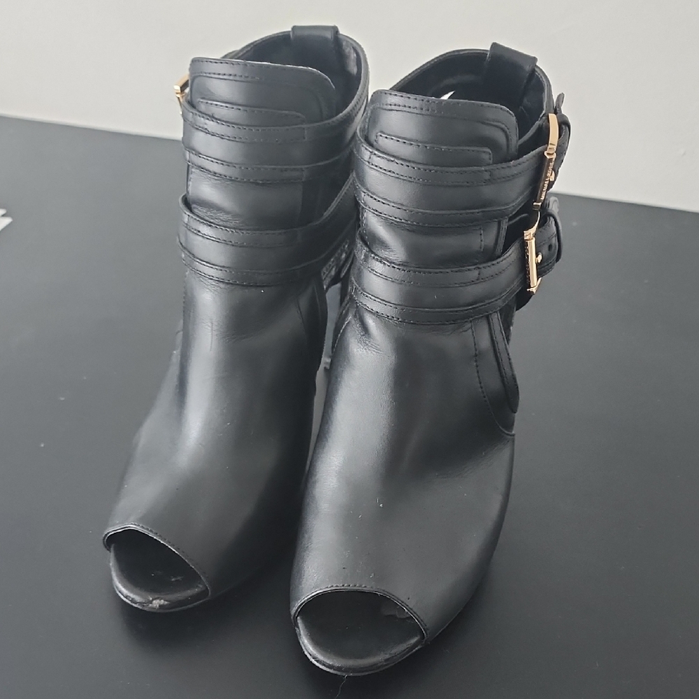 Michael Kors Black Peep-Toe Ankle Boots with Gold Buckles